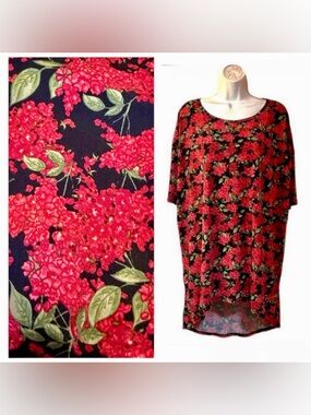 LuLaRoe Irma Tunic Top M Black Red Floral High Low Dolman Stretch
